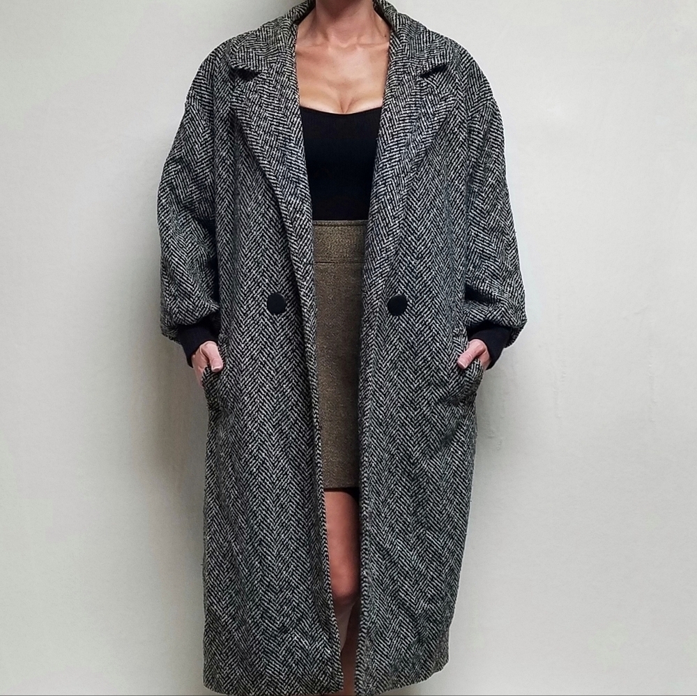 80s Vintage Black Gray Herringbone Wool Balloon Sleeve Longline Trench Coat XL - Picture 2 of 13